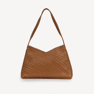 Pebbled Leather Crisscross Handbag - Camel